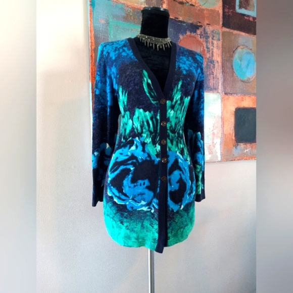 Nic + Zoe Cardigan Bold  Print Sweater Blue/ Green/ Purple Sz. L - Picture 4 of 12
